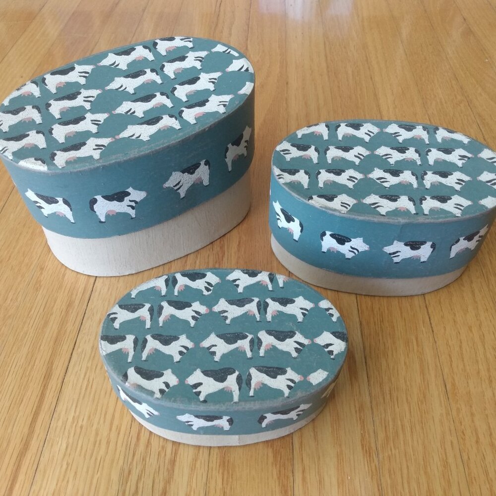 Vintage Nesting Shaker Boxes Hand Painted Cows Country Farmhouse Decor